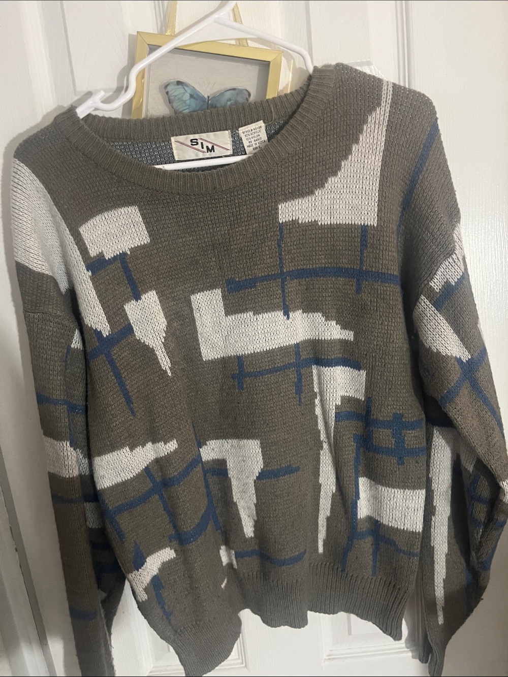 Crewneck Sweater with White & Blue Graphic Pattern